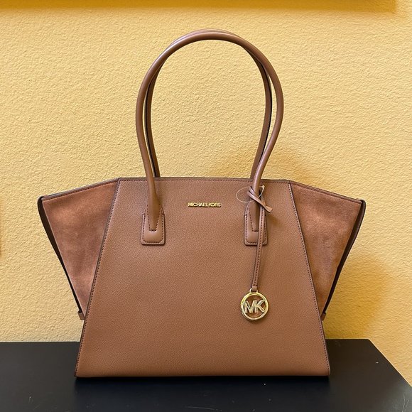 Michael Kors Avril Extra Large Top Zip Tote Shoulder Leather Bag Brown